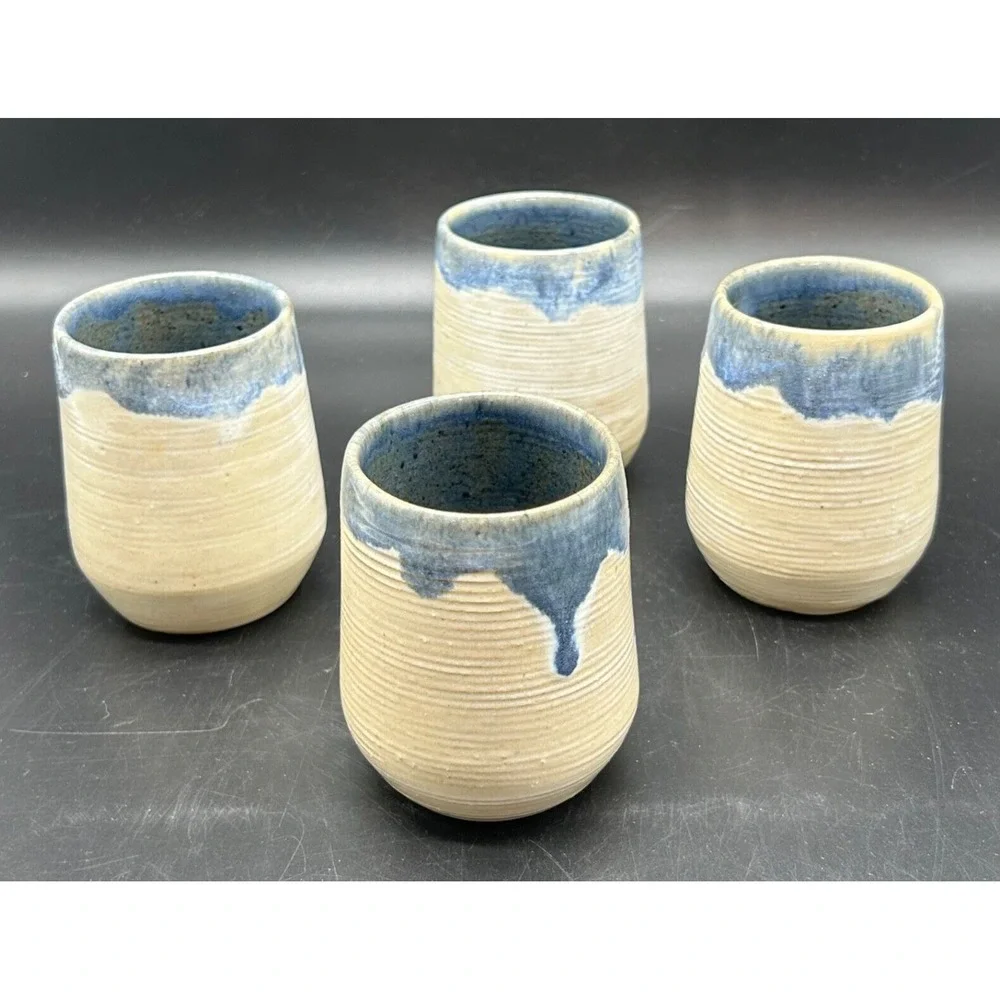 Signed Eugene Deutch Studio Art Pottery 4 Cups Vase Cream & Blue Glaze Drip MCM